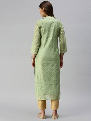 women's calf length mandarin collar green embellished straight kurta 3