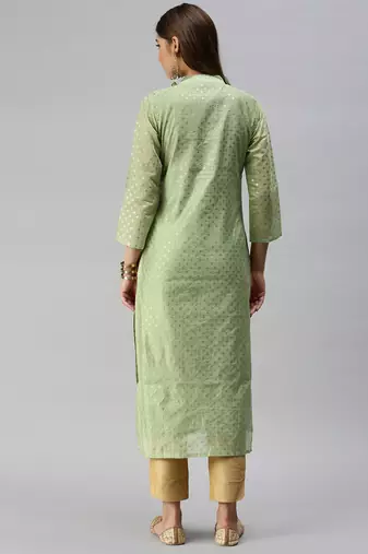 women's calf length mandarin collar green embellished straight kurta