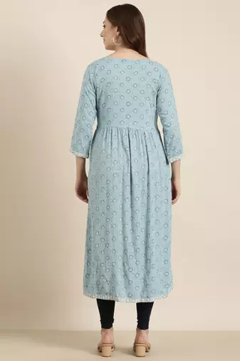 women's calf length round neck blue floral straight kurta