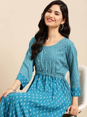 women's ankle length round neck blue solid anarkali kurta 2