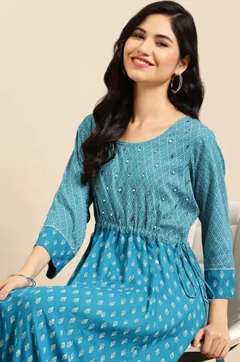 women's ankle length round neck blue solid anarkali kurta