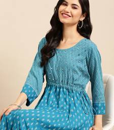 women's ankle length round neck blue solid anarkali kurta
