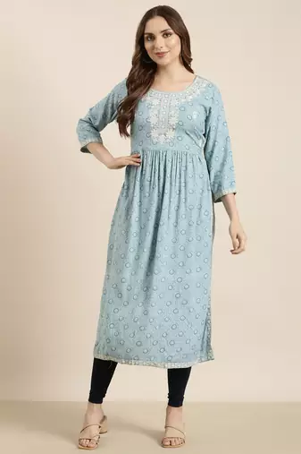 women's calf length round neck blue floral straight kurta