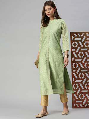 women's calf length mandarin collar green embellished straight kurta 4