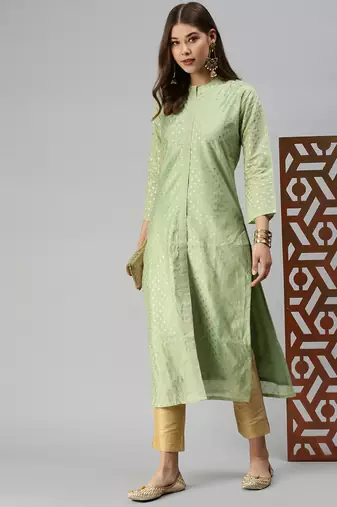 women's calf length mandarin collar green embellished straight kurta