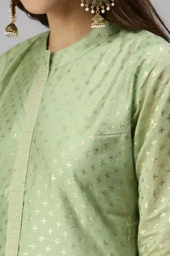 women's calf length mandarin collar green embellished straight kurta