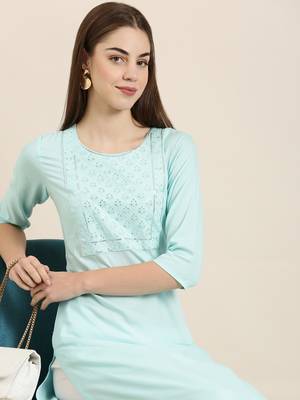 women's calf length round neck blue solid straight kurta 1