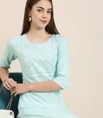 women's calf length round neck blue solid straight kurta