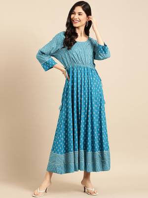 women's ankle length round neck blue solid anarkali kurta 1