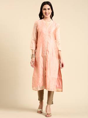 women's calf length mandarin collar peach embellished straight kurta 1