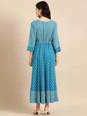 women's ankle length round neck blue solid anarkali kurta 5