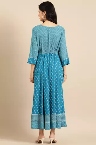 women's ankle length round neck blue solid anarkali kurta