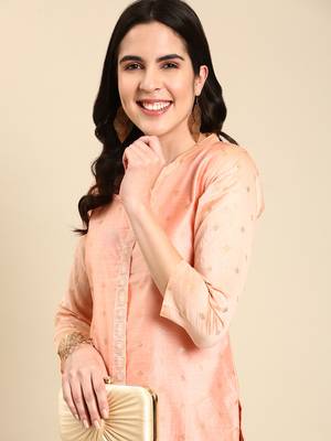 women's calf length mandarin collar peach embellished straight kurta 2