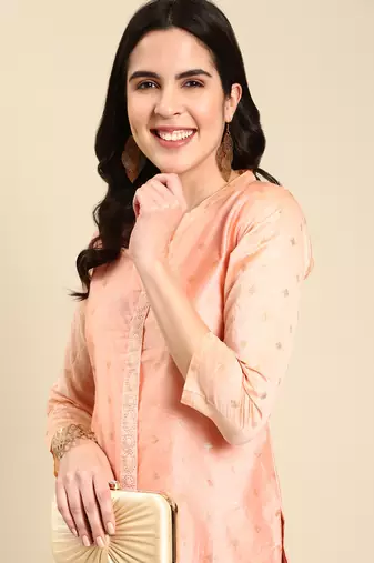 women's calf length mandarin collar peach embellished straight kurta