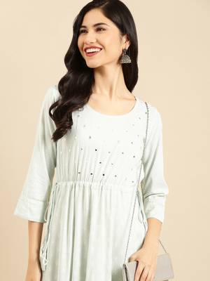 women's ankle length round neck sea green solid anarkali kurta 2