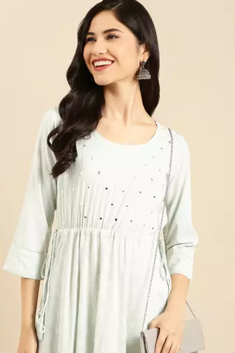 women's ankle length round neck sea green solid anarkali kurta