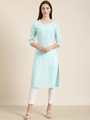 women's calf length round neck blue solid straight kurta 2