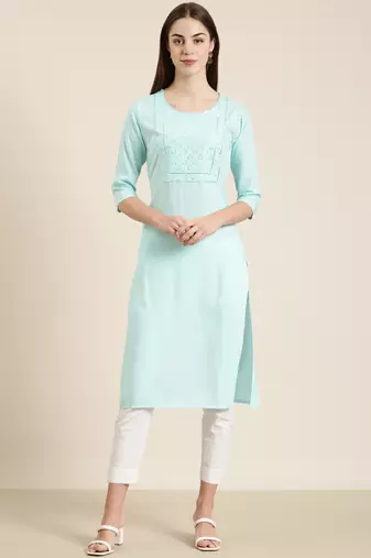 women's calf length round neck blue solid straight kurta