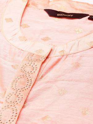 women's calf length mandarin collar peach embellished straight kurta 3