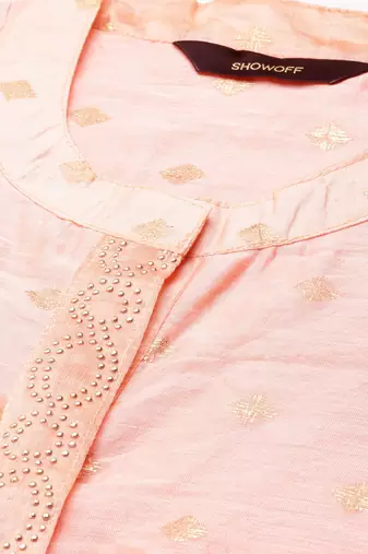 women's calf length mandarin collar peach embellished straight kurta