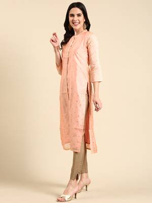 women's calf length mandarin collar peach embellished straight kurta 4