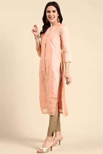women's calf length mandarin collar peach embellished straight kurta