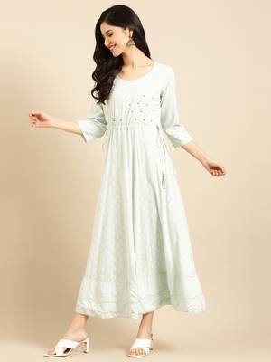 women's ankle length round neck sea green solid anarkali kurta 1