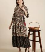 Showoff women's calf length mandarin collar black floral anarkali kurta