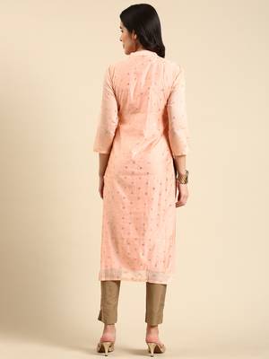 women's calf length mandarin collar peach embellished straight kurta 5