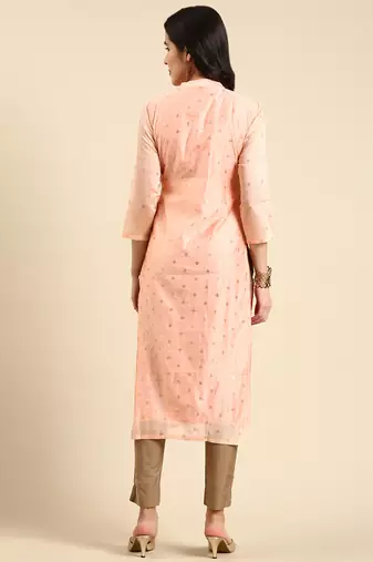women's calf length mandarin collar peach embellished straight kurta