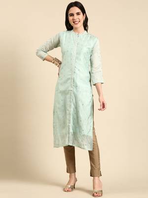 women's calf length mandarin collar sea green embellished straight kurta 1