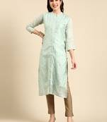 women's calf length mandarin collar sea green embellished straight kurta