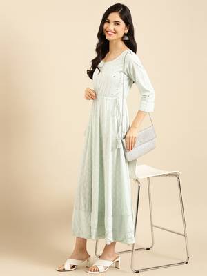 women's ankle length round neck sea green solid anarkali kurta 5