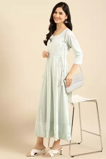 women's ankle length round neck sea green solid anarkali kurta