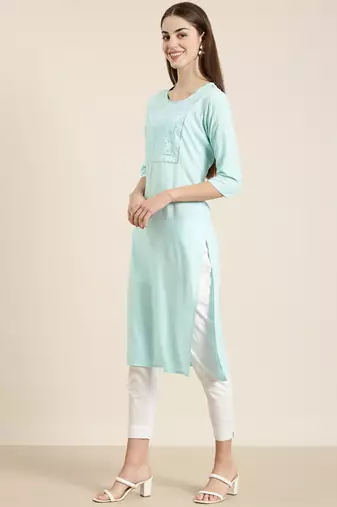 women's calf length round neck blue solid straight kurta