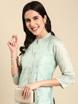 women's calf length mandarin collar sea green embellished straight kurta 2