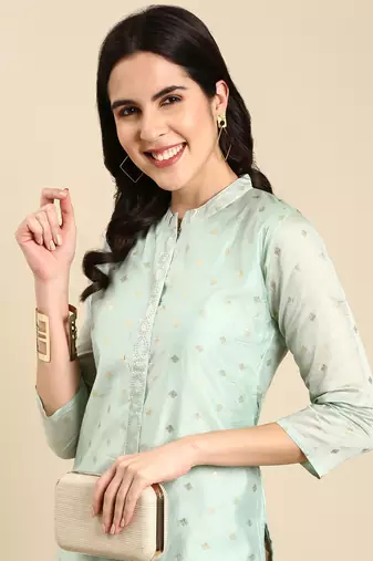 women's calf length mandarin collar sea green embellished straight kurta