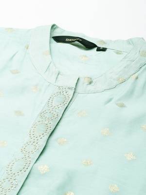 women's calf length mandarin collar sea green embellished straight kurta 3