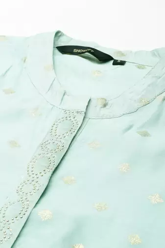 women's calf length mandarin collar sea green embellished straight kurta
