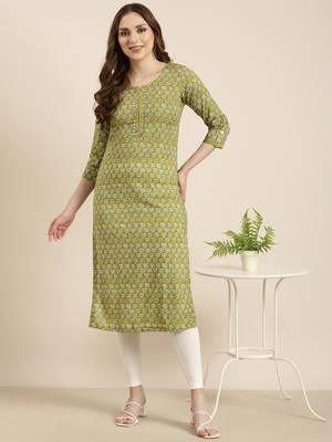 women's calf length round neck green floral straight kurta 1