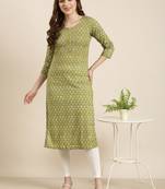 women's calf length round neck green floral straight kurta