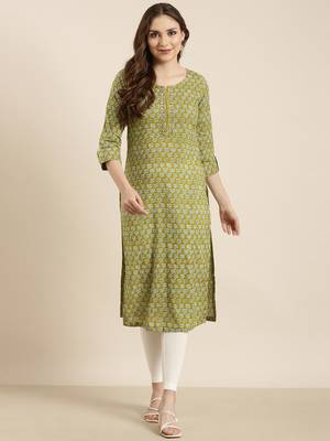 women's calf length round neck green floral straight kurta 2