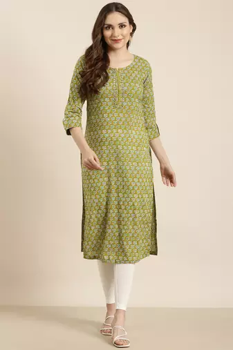 women's calf length round neck green floral straight kurta