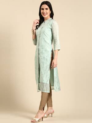 women's calf length mandarin collar sea green embellished straight kurta 4