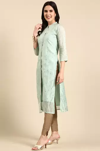 women's calf length mandarin collar sea green embellished straight kurta