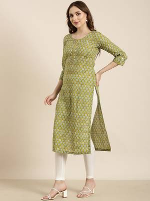 women's calf length round neck green floral straight kurta 3