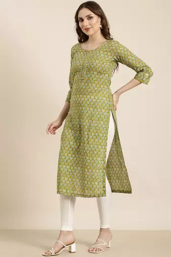 women's calf length round neck green floral straight kurta
