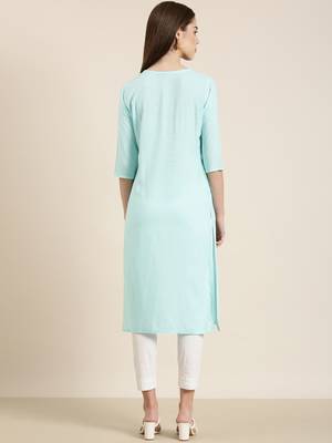 women's calf length round neck blue solid straight kurta 5