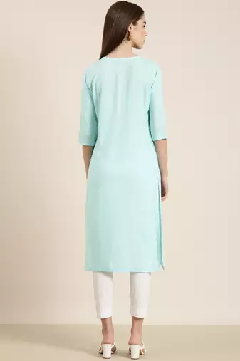 women's calf length round neck blue solid straight kurta