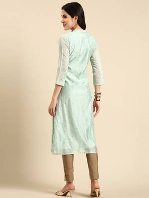 women's calf length mandarin collar sea green embellished straight kurta 5